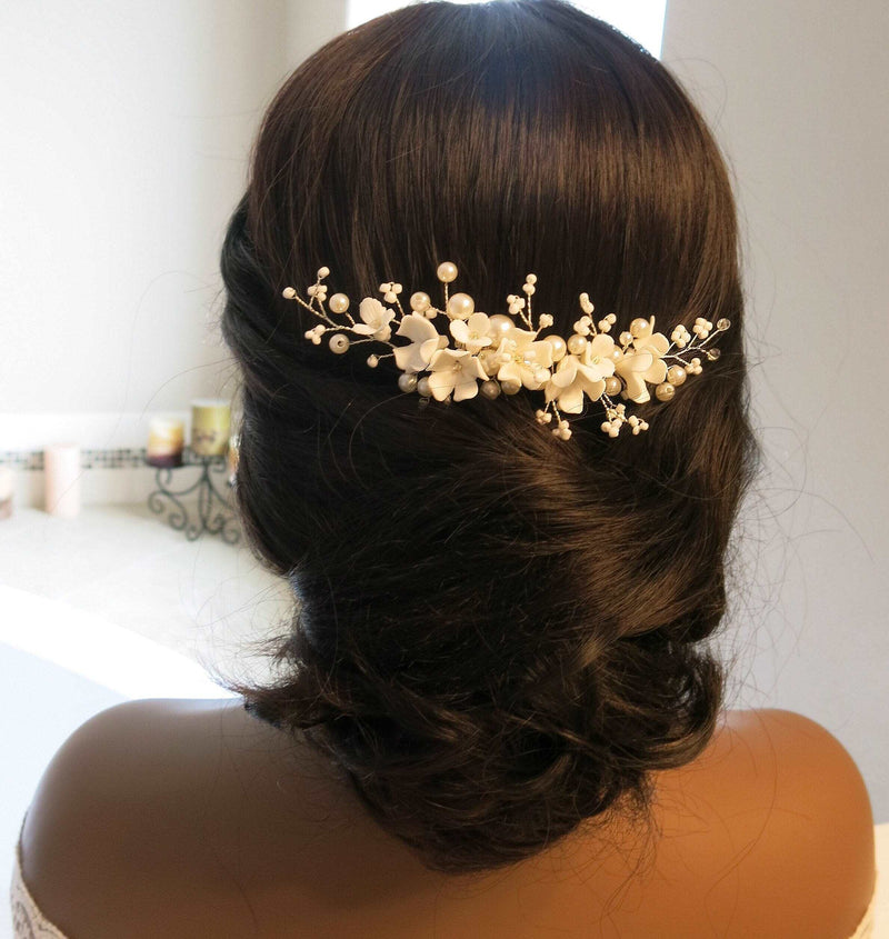 Ceramic Flower Hair Comb, Pearl Flower Bridal Hairpin, Wedding Floral Headpiece, Bridal Necklace, Flower Earrings or 3 PC Jewelry Set - KaleaBoutique.com