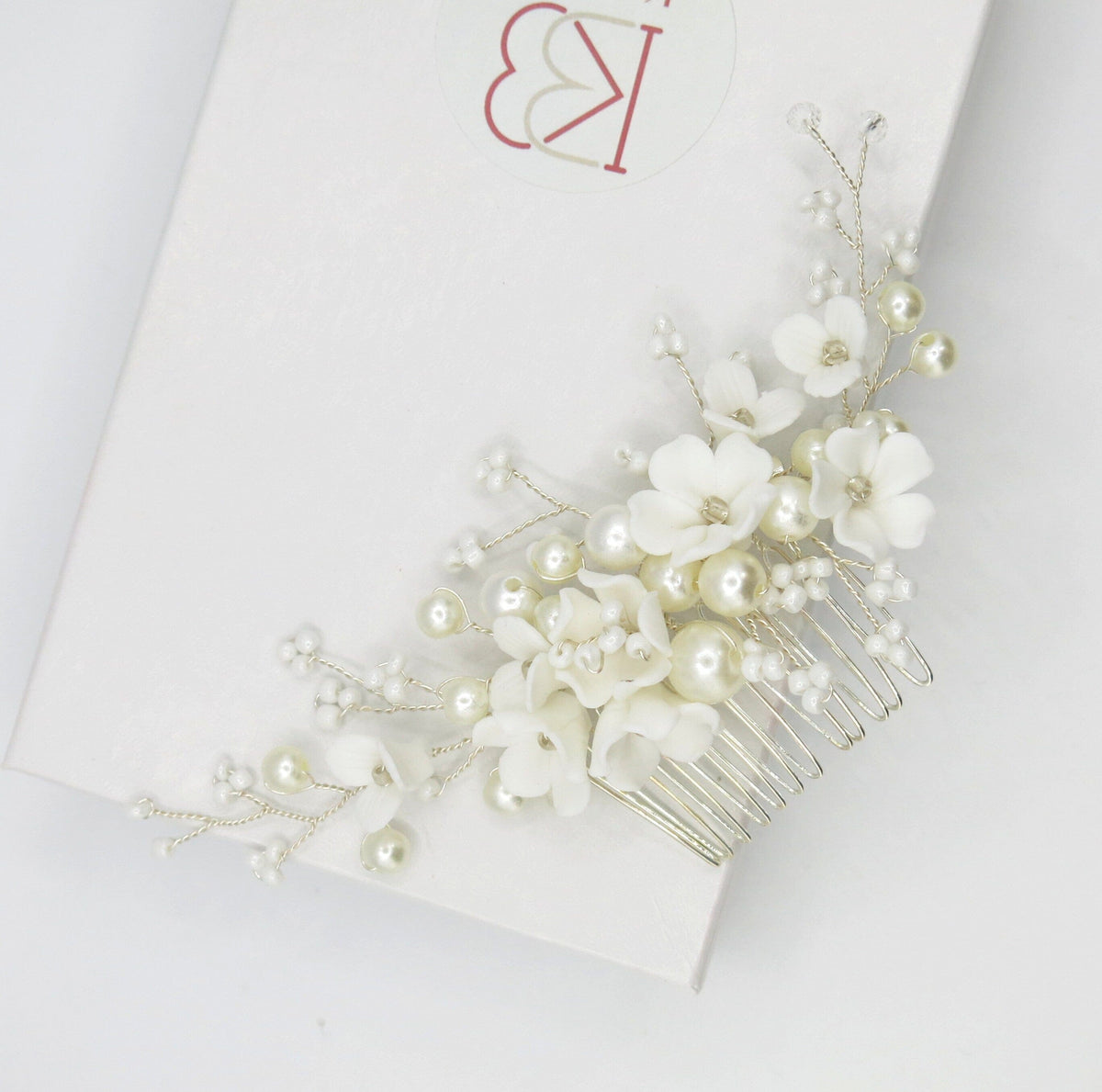 Ceramic Flower Hair Comb, Pearl Flower Bridal Hairpin, Wedding Floral Headpiece, Bridal Necklace, Flower Earrings or 3 PC Jewelry Set - KaleaBoutique.com