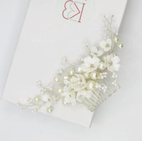 Ceramic Flower Hair Comb, Pearl Flower Bridal Hairpin, Wedding Floral Headpiece, Bridal Necklace, Flower Earrings or 3 PC Jewelry Set - KaleaBoutique.com