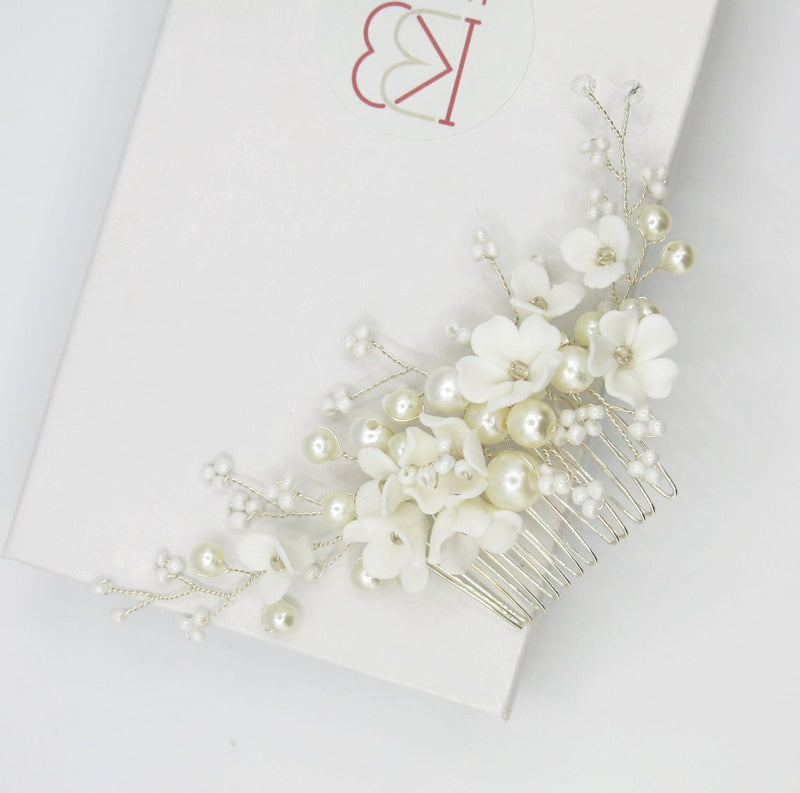 Ceramic Flower Hair Comb, Pearl Flower Bridal Hairpin, Wedding Floral Headpiece, Bridal Necklace, Flower Earrings or 3 PC Jewelry Set - KaleaBoutique.com