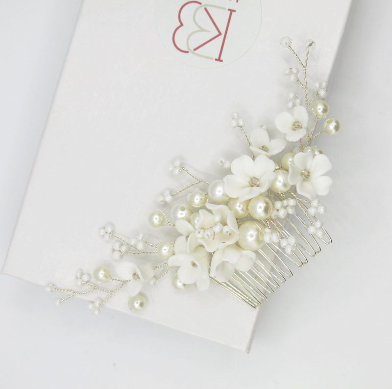 Ceramic Flower Hair Comb, Pearl White Flower Bridal Hairpin, Wedding Floral Headpiece, Bridal Floral Necklace, Flower Earrings, 3 PC Jewelry - KaleaBoutique.com