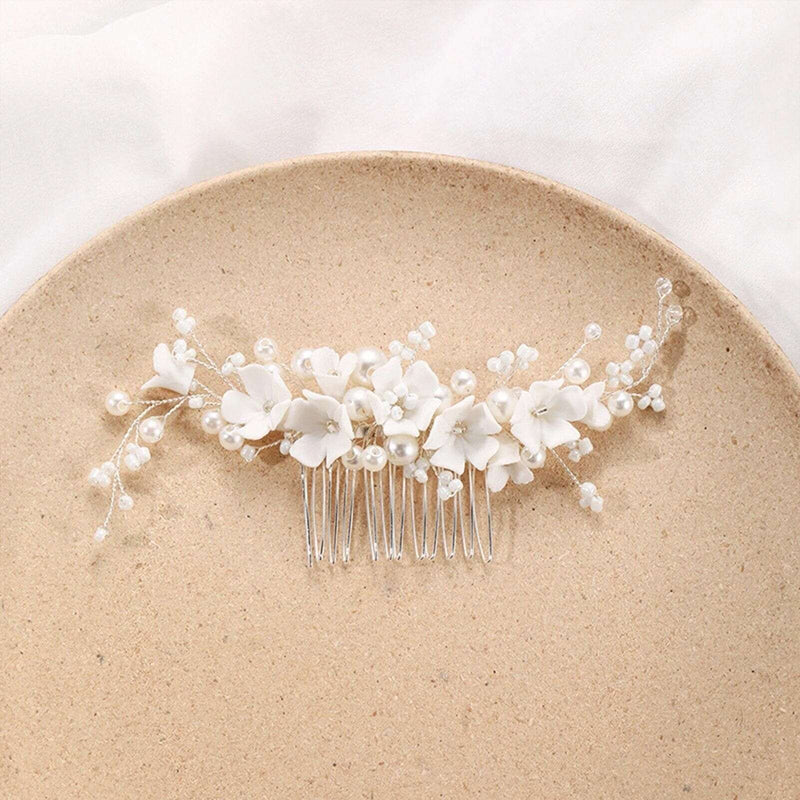 Ceramic Flower Hair Comb, Pearl Flower Bridal Hairpin, Wedding Floral Headpiece, Bridal Necklace, Flower Earrings or 3 PC Jewelry Set - KaleaBoutique.com