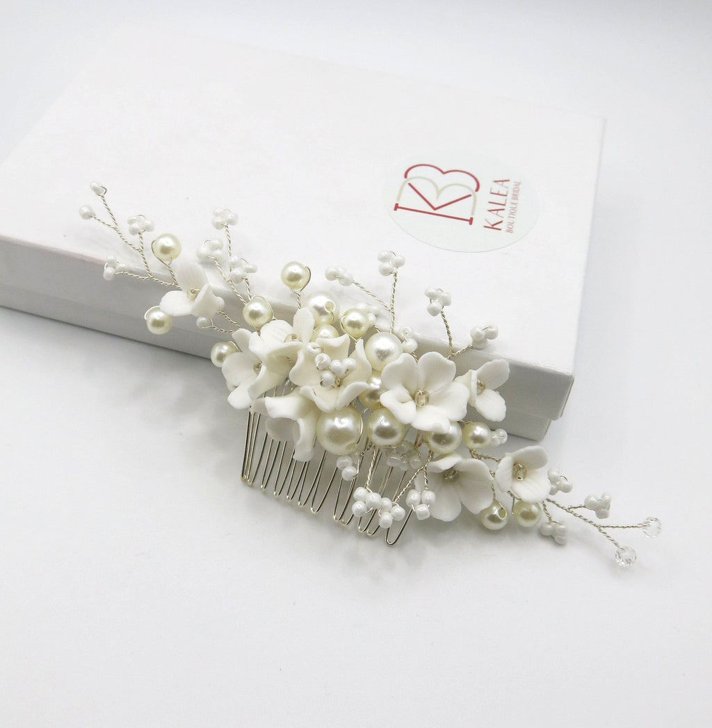 Ceramic Flower Hair Comb, Pearl White Flower Bridal Hairpin, Wedding Floral Headpiece, Bridal Floral Necklace, Flower Earrings, 3 PC Jewelry - KaleaBoutique.com