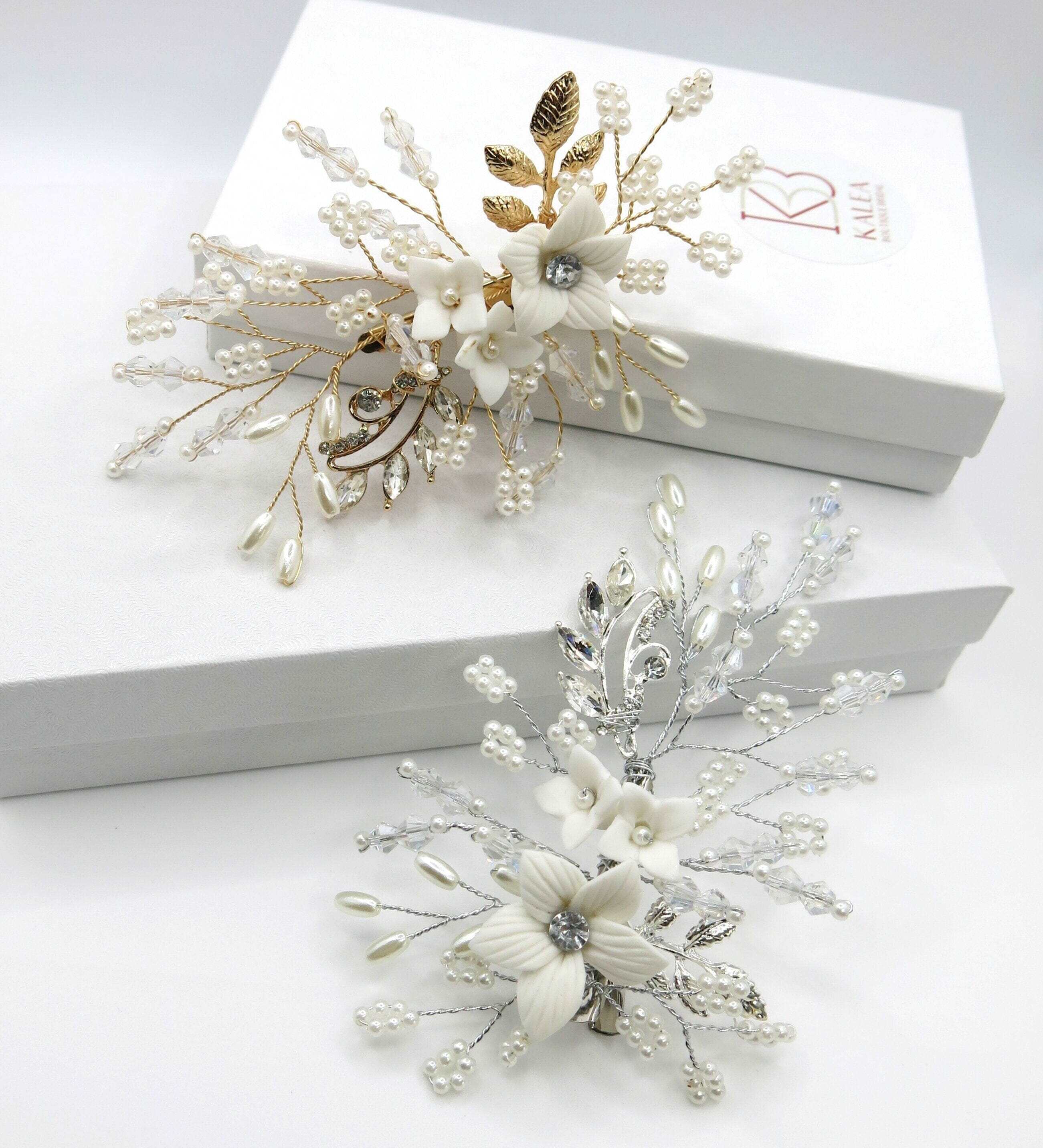 Handmade Wedding Hair Comb & Pins Set with Crystals & Ceramic Flowers Seychelles Ivory Porcelain Flowers, Pearl and Crystal Hair Comb main image 2