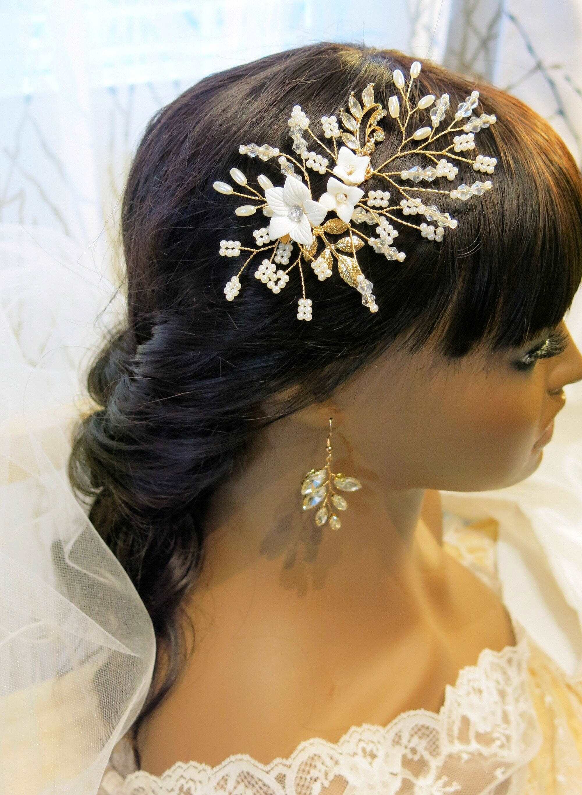Ceramic Flower Bridal Hairclip, White Clay Flower Wedding 