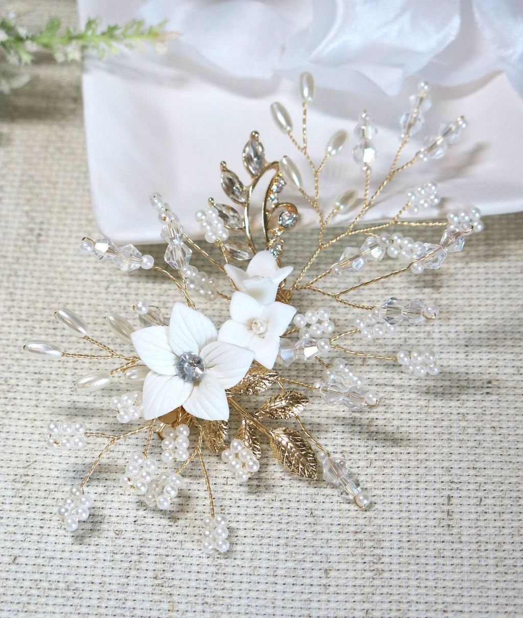 Ceramic Flower Oval Pearl Wire Hairclip, White Clay Flower Bridal Hair Clip, Wedding Crystal Bead Wire Floral Alligator Hairclip Hairpiece - KaleaBoutique.com
