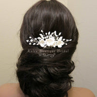 Ceramic Flower Small Bridal Hair Comb, White Flower Branch Hairpin, Wedding Floral Hairpiece, Clay Flower Hair Comb Accessory - KaleaBoutique.com