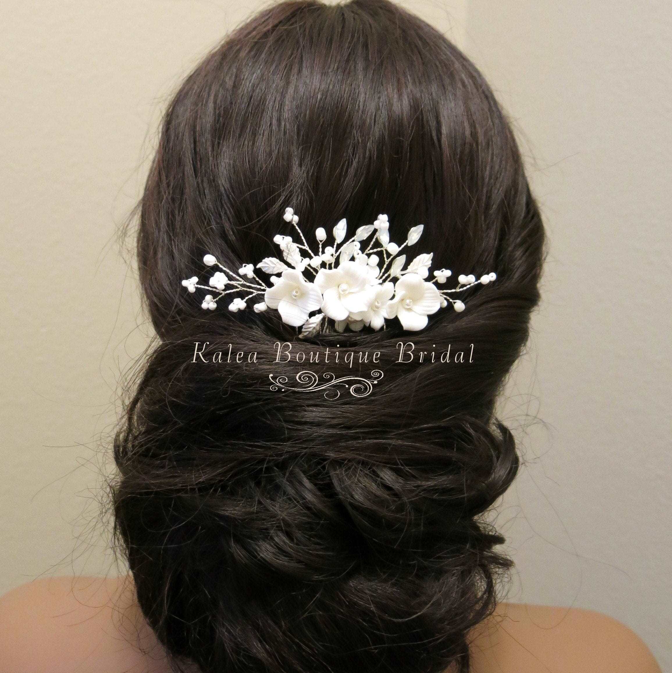 Ceramic Flower Small Bridal Hair Comb, White Flower Branch  display picture 1