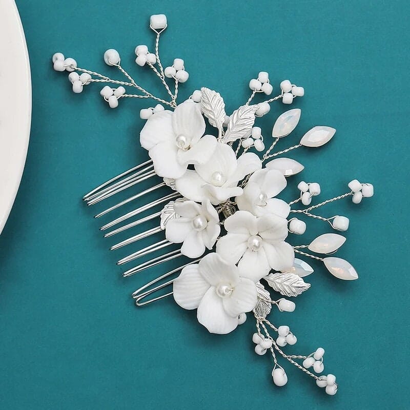 Ceramic Flower Small Bridal Hair Comb, White Flower Branch Hairpin, Wedding Floral Hairpiece, Clay Flower Hair Comb Accessory - KaleaBoutique.com