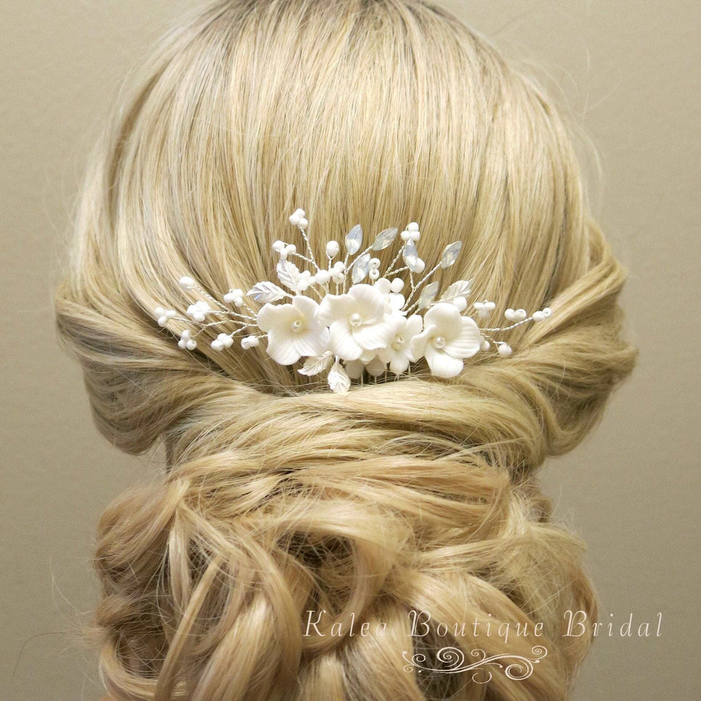 Ceramic Flower Small Bridal Hair Comb, White Flower Branch Hairpin, Wedding Floral Hairpiece, Clay Flower Hair Comb Accessory - KaleaBoutique.com