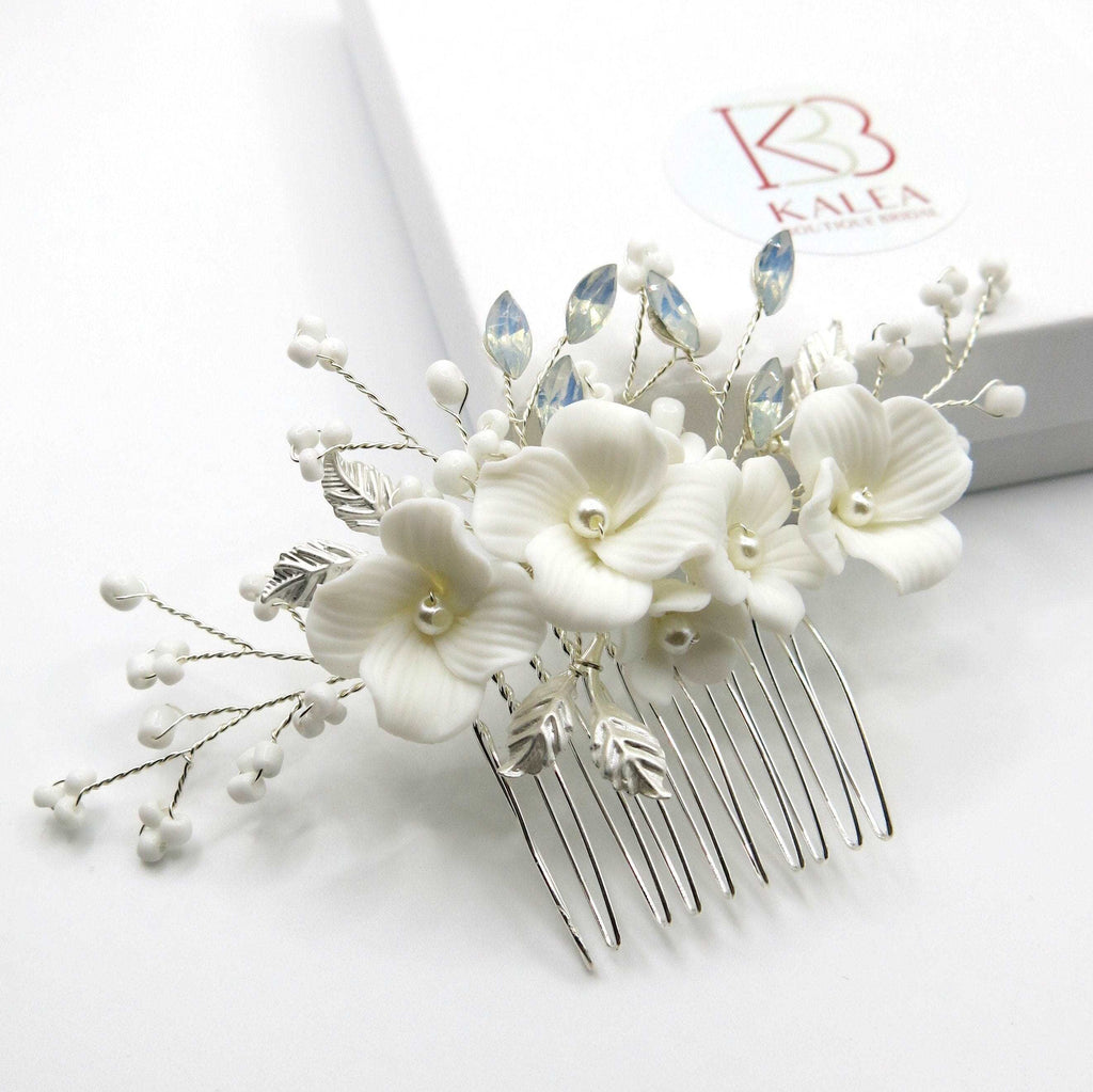 Ceramic Flower Small Hair Comb, White Flower Branch Hairpin, Wedding Floral Hairpiece, Bridal White Crystal Bead Silver Hair Comb Accessory - KaleaBoutique.com