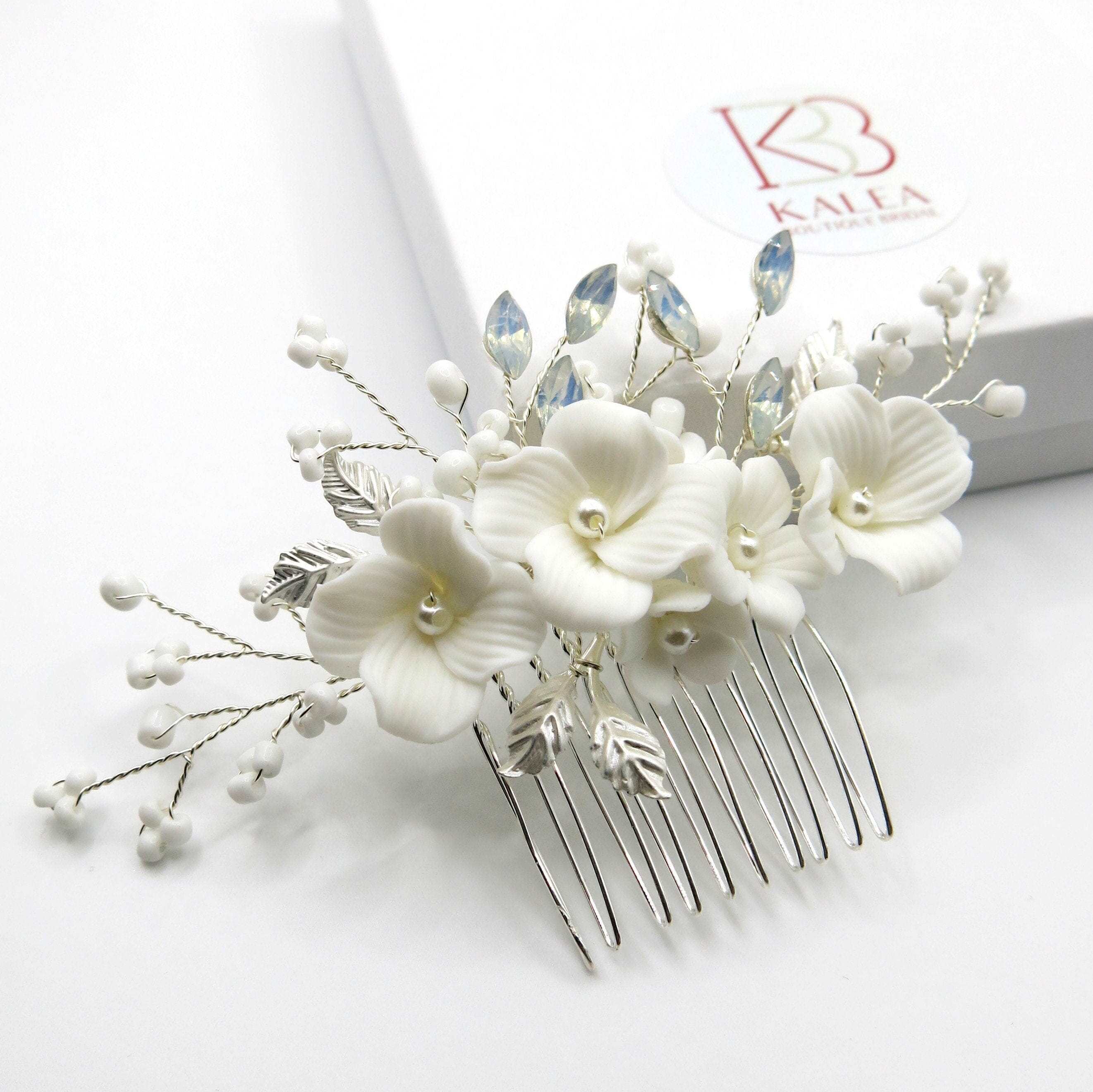 Ceramic Flower Small Bridal Hair Comb, White Flower Branch 