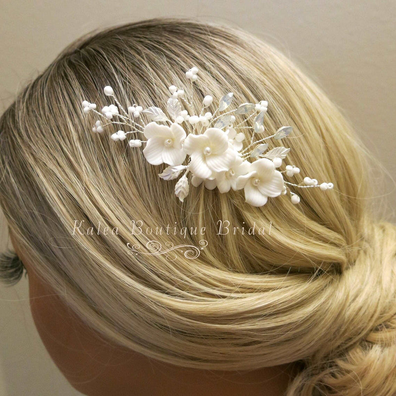 Ceramic Flower Small Bridal Hair Comb, White Flower Branch Hairpin, Wedding Floral Hairpiece, Clay Flower Hair Comb Accessory - KaleaBoutique.com