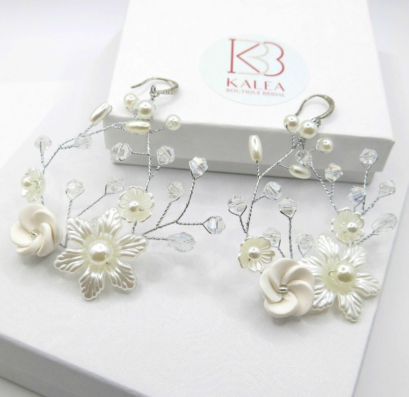 Ceramic Flower Wedding Earrings, Bridal Silver Wire Hoop Earrings, Large Crystal Hooped Floral Wedding Earrings - KaleaBoutique.com