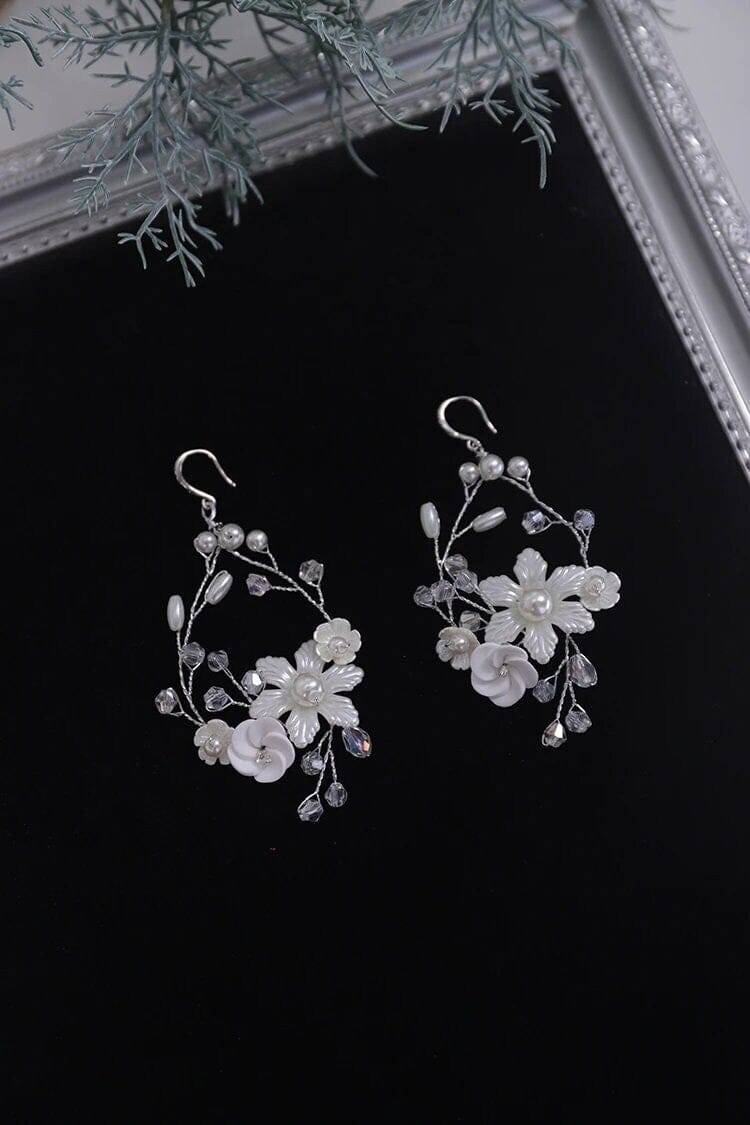 Ceramic Flower Wedding Earrings, Bridal Silver Wire Hoop Earrings, Large Crystal Hooped Floral Wedding Earrings - KaleaBoutique.com