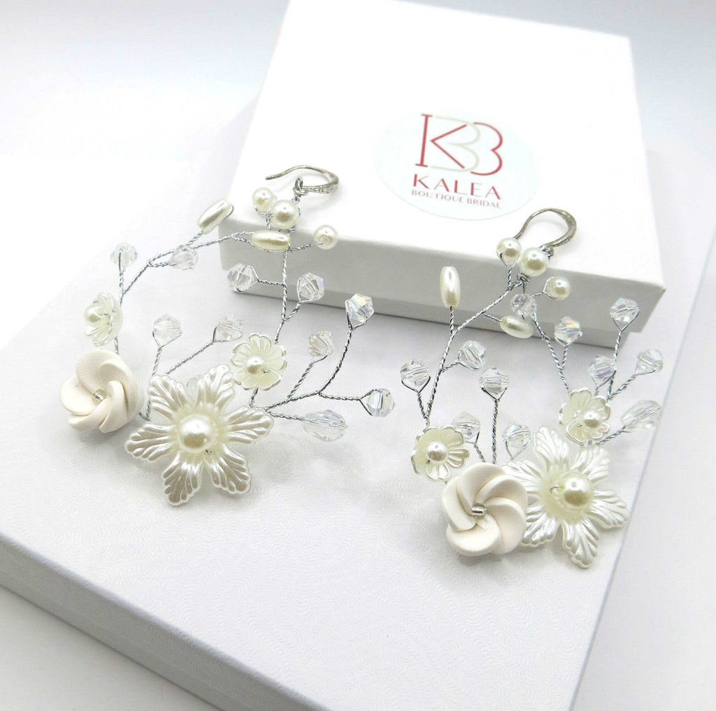 Ceramic Flower Wedding Earrings, Bridal Silver Wire Hoop Earrings, Large Crystal Hooped Floral Wedding Earrings - KaleaBoutique.com