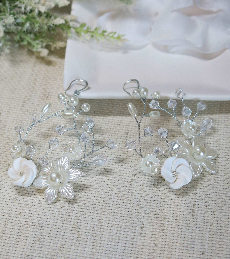 Ceramic Flower Wedding Earrings, Bridal Silver Wire Hoop Earrings, Large Crystal Hooped Floral Wedding Earrings - KaleaBoutique.com