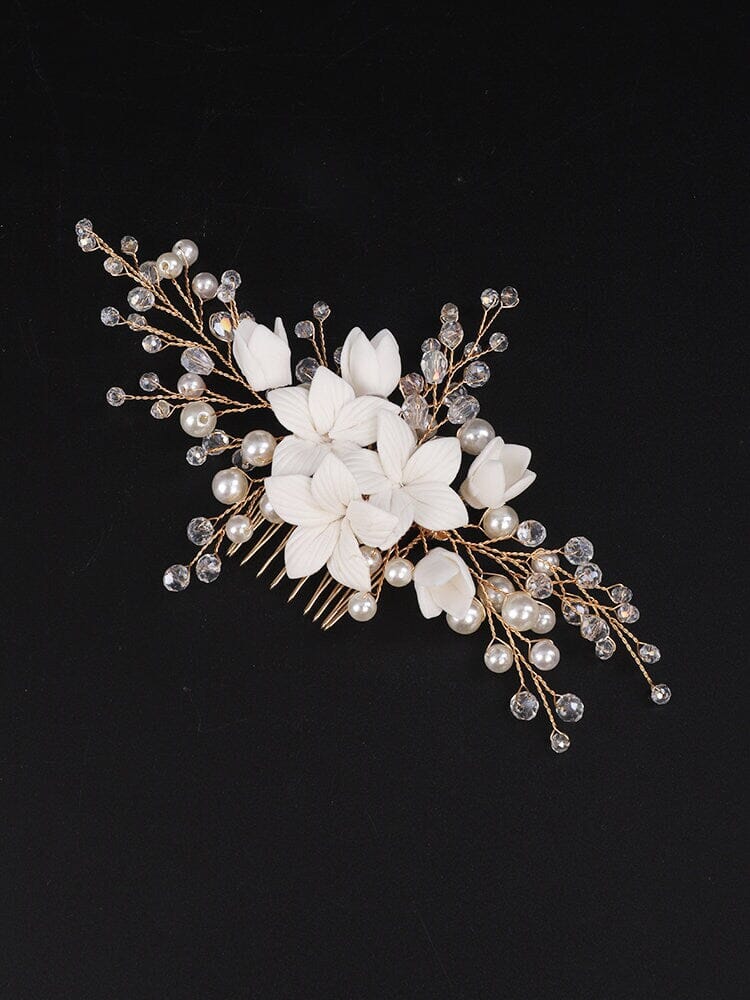 Ceramic White Flower Hair Comb, Bridal Pearl and Crystal Headpiece, Wedding Clay Flower Hair Comb - KaleaBoutique.com
