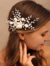 Ceramic White Flower Hair Comb, Bridal Pearl and Crystal Headpiece, Wedding Clay Flower Hair Comb - KaleaBoutique.com