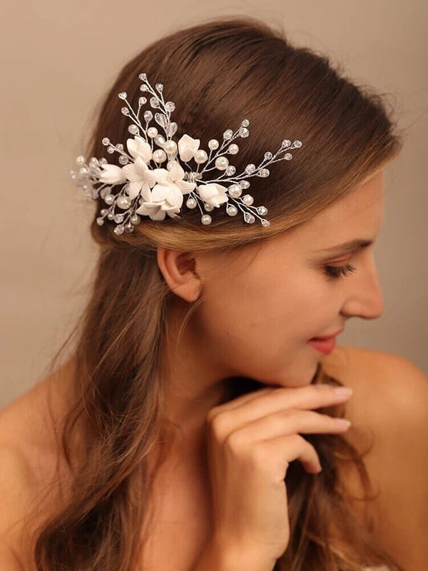 Ceramic White Flower Hair Comb, Bridal Pearl and Crystal Headpiece, Wedding Clay Flower Hair Comb - KaleaBoutique.com