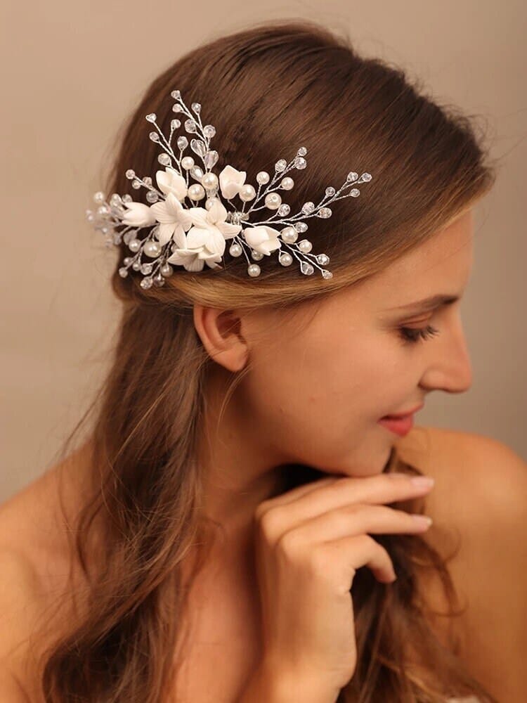 Ceramic White Flower Hair Comb, Bridal Pearl and Crystal Headpiece, Wedding Clay Flower Hair Comb - KaleaBoutique.com