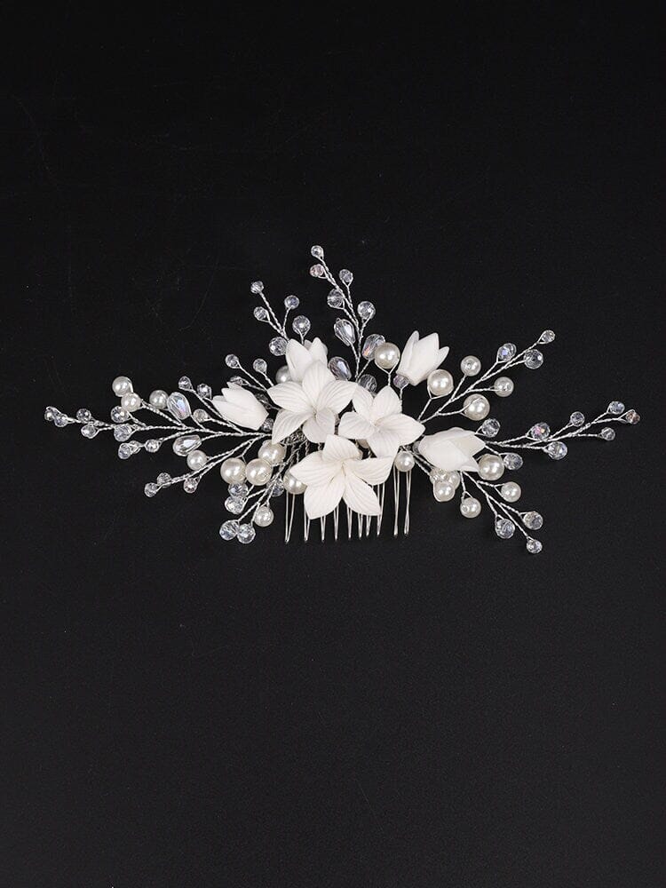 Ceramic White Flower Hair Comb, Bridal Pearl and Crystal Headpiece, Wedding Clay Flower Hair Comb - KaleaBoutique.com