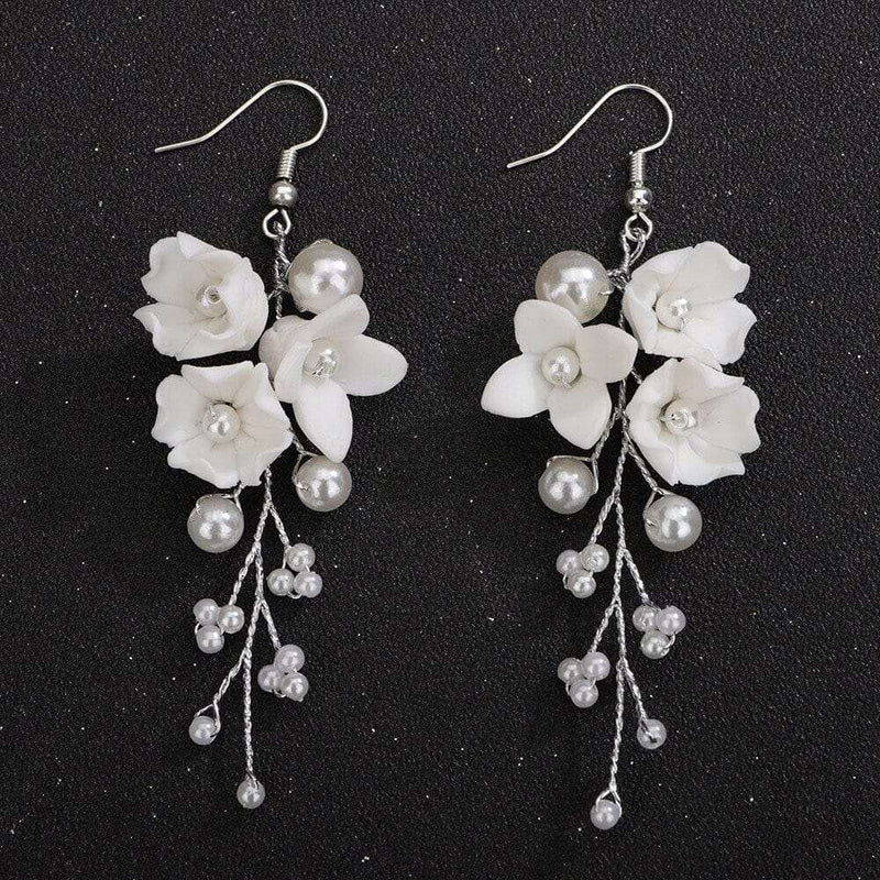 Ceramic White Flower Bridal Earrings, Wedding Ceramic Flower Ear Studs, White Clay Floral Earrings for Brides - KaleaBoutique.com