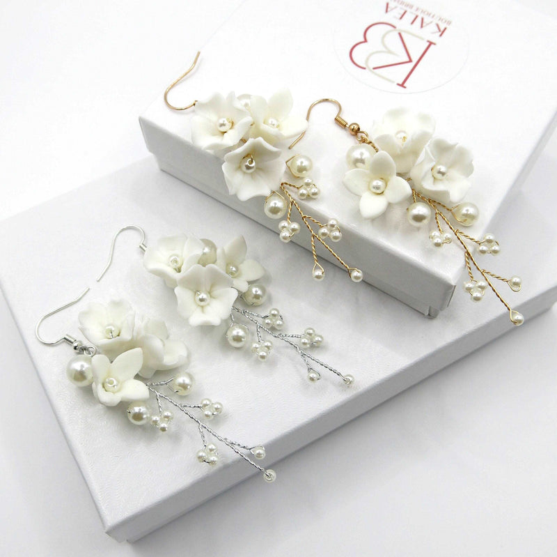 Ceramic White Flower Bridal Earrings, Wedding Ceramic Flower Ear Studs, White Clay Floral Earrings for Brides - KaleaBoutique.com