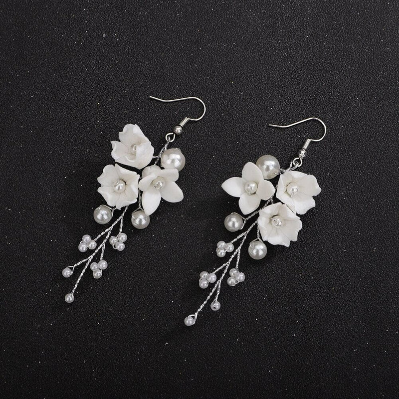 Ceramic White Flower Bridal Earrings, Wedding Ceramic Flower Ear Studs, White Clay Floral Earrings for Brides - KaleaBoutique.com