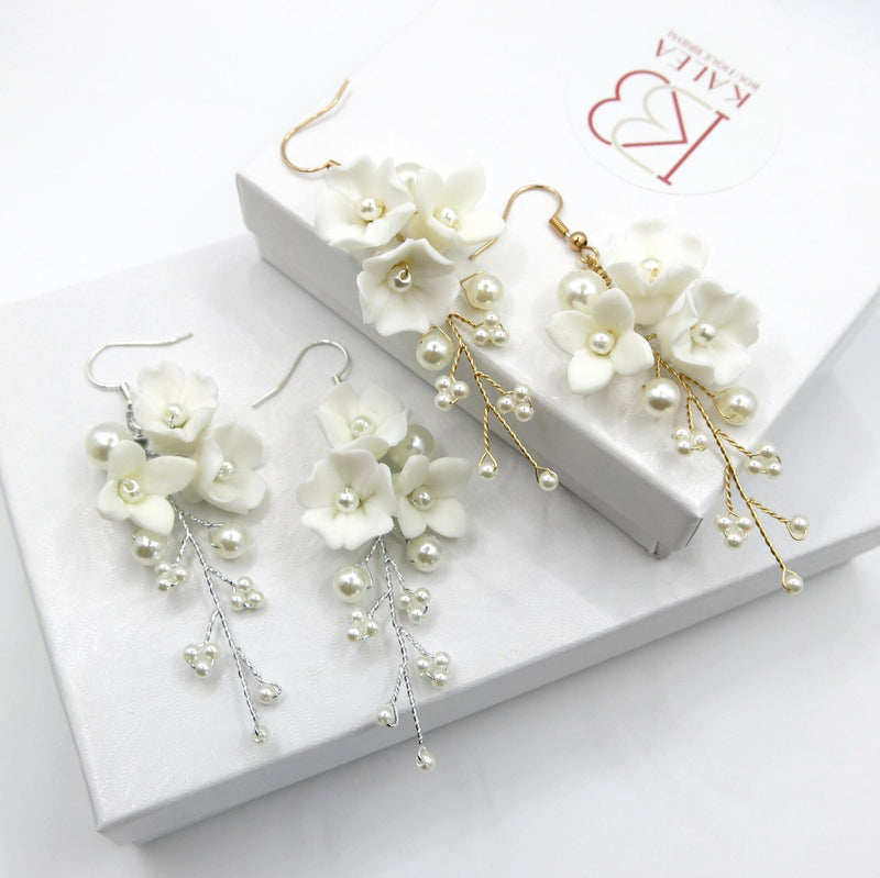 Ceramic White Flower Pearl Earrings, Bridal Floral Earrings,  Bridesmaid Glam Ceramic Flower Studs,  3.2