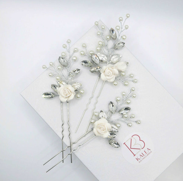 Ceramic White Rose 3 PC Hairpin Set, Wedding Clay Flower Hair Pin Set, Pearl Rhinestone Bridal Hairpiece - KaleaBoutique.com