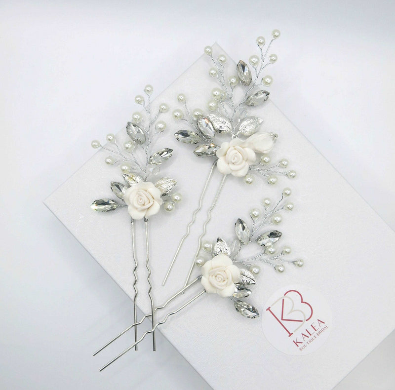 Ceramic White Rose Hairpin 3 PC Set, Wedding Clay Flower Hairpin Set, Pearl Rhinestone Bridal Hairpiece, Bridesmaid Silver Wire Headpieces - KaleaBoutique.com
