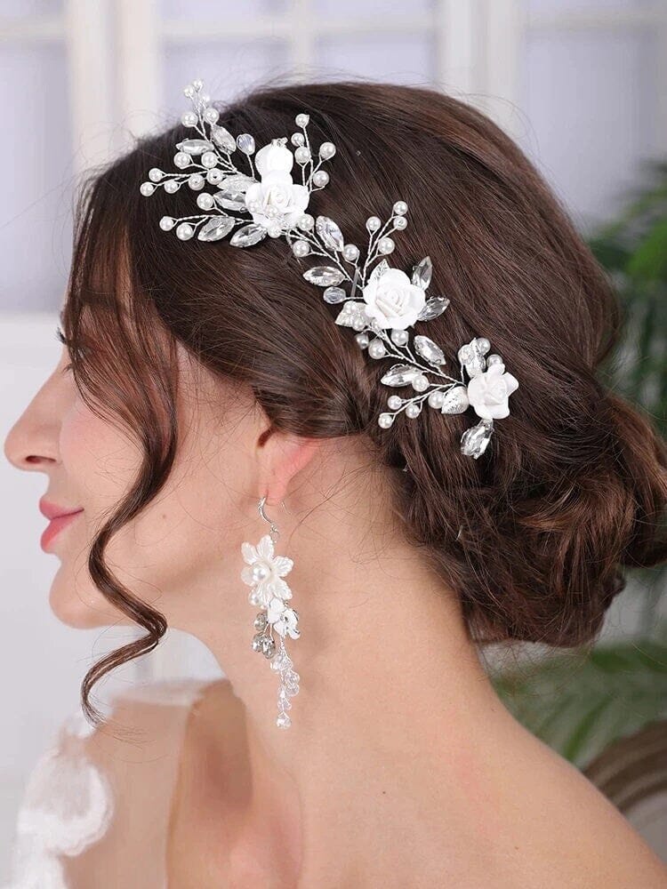 Ceramic White Rose 3 PC Hairpin Set, Wedding Clay Flower Hair Pin Set, Pearl Rhinestone Bridal Hairpiece - KaleaBoutique.com