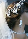 Ceramic White Rose 3 PC Hairpin Set, Wedding Clay Flower Hair Pin Set, Pearl Rhinestone Bridal Hairpiece - KaleaBoutique.com