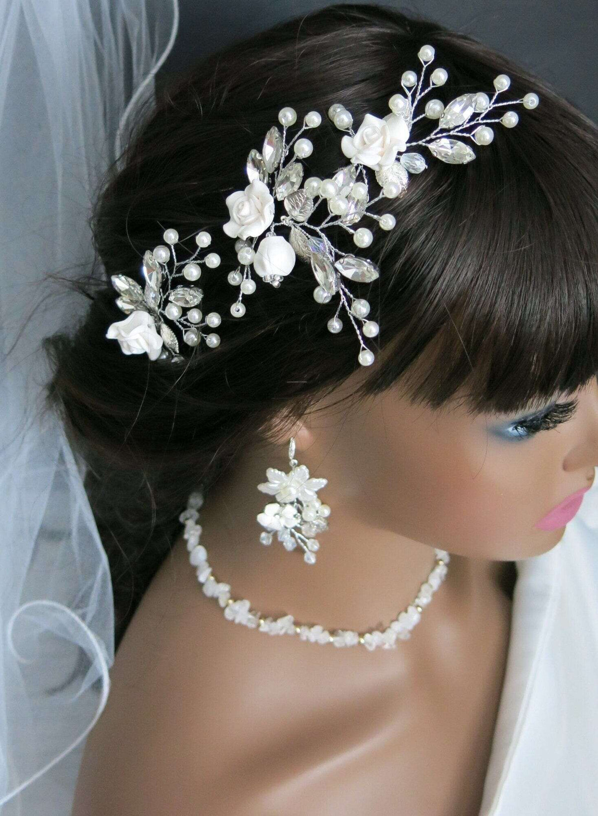 Ceramic White Rose 3 PC Hairpin Set, Wedding Clay Flower Hair Pin Set, Pearl Rhinestone Bridal Hairpiece - KaleaBoutique.com