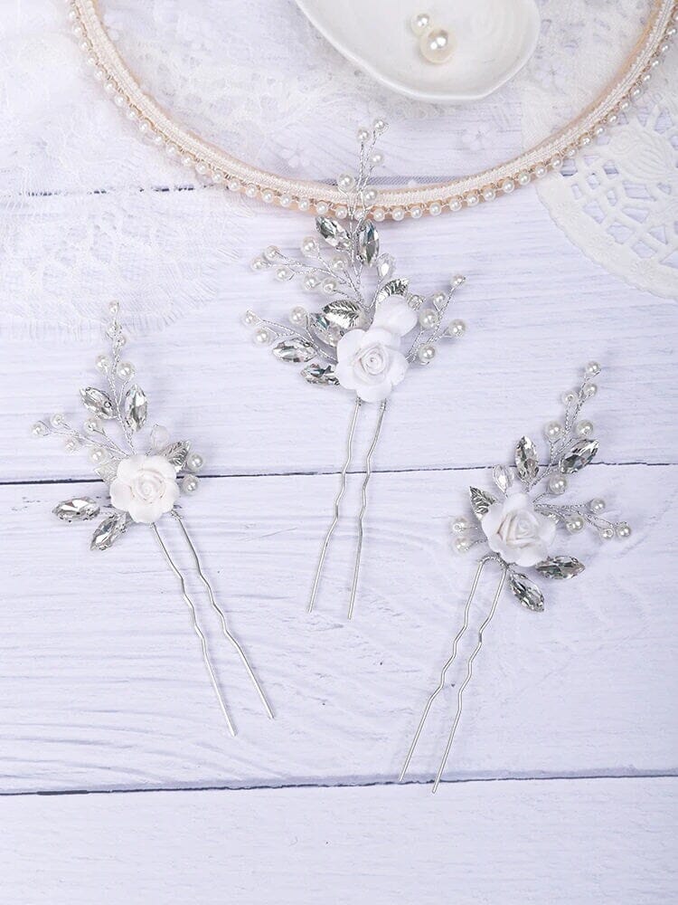 Ceramic White Rose 3 PC Hairpin Set, Wedding Clay Flower Hair Pin Set, Pearl Rhinestone Bridal Hairpiece - KaleaBoutique.com