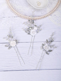 Ceramic White Rose 3 PC Hairpin Set, Wedding Clay Flower Hair Pin Set, Pearl Rhinestone Bridal Hairpiece - KaleaBoutique.com