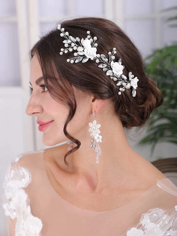 Ceramic White Rose 3 PC Hairpin Set, Wedding Clay Flower Hair Pin Set, Pearl Rhinestone Bridal Hairpiece - KaleaBoutique.com