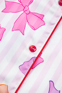 KaleaBoutique Stylish Striped Bow Print Contrast Piping Trim Shirt and Pants 2pcs Pajama Set - KaleaBoutique.com