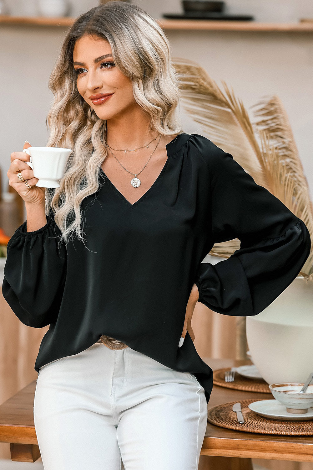 KaleaBoutique Stylish V Neck Long Puff Sleeve Top - KaleaBoutique.com