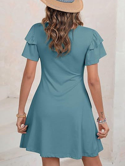 Women's Round-Neck Layered Flutter-Sleeve A-Line Dress - KaleaBoutique.com