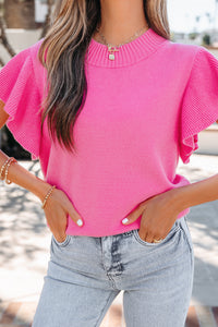 KaleaBoutique Stylish Solid Color Ribbed Trim Round Neck Ruffle Short Sleeve Sweater - KaleaBoutique.com