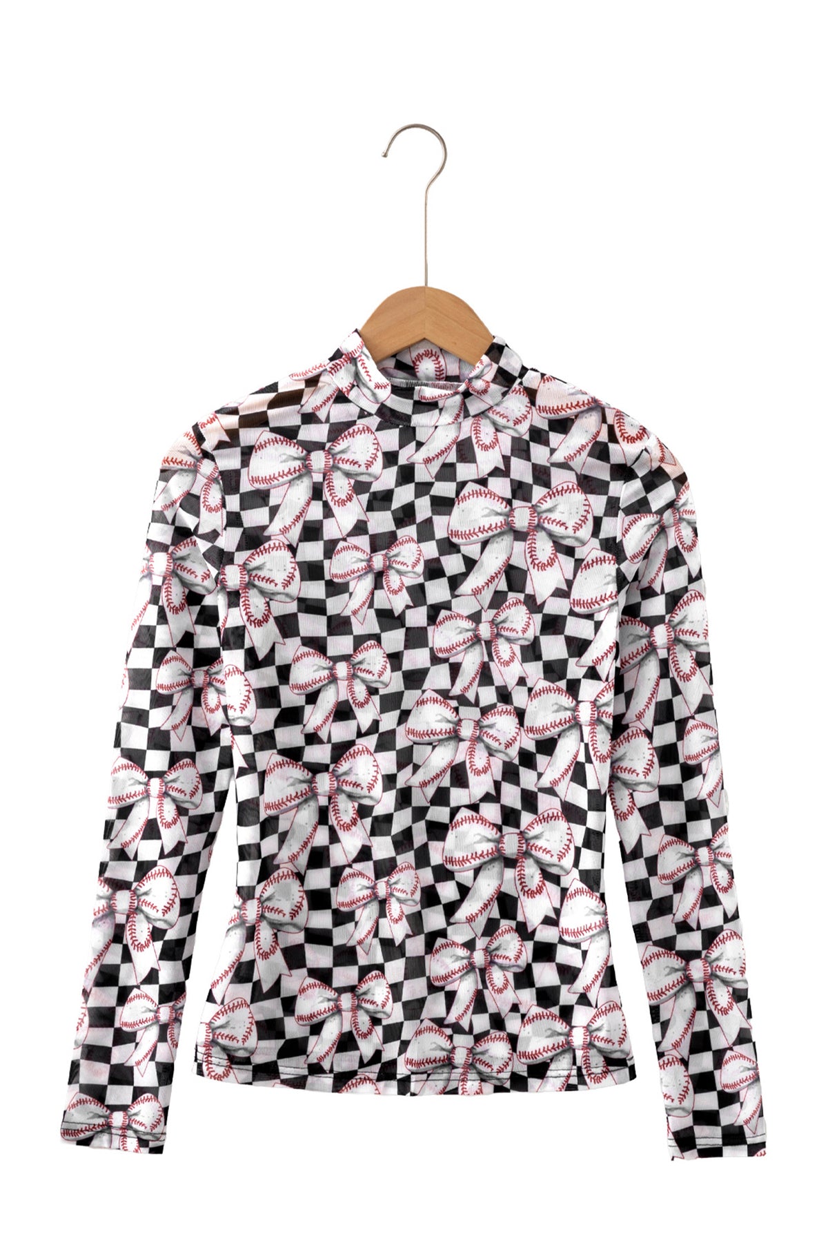 KaleaBoutique Stylish Checkered Baseball Bow Print High Neck Long Sleeve Mesh Top - KaleaBoutique.com