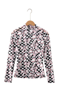 KaleaBoutique Stylish Checkered Baseball Bow Print High Neck Long Sleeve Mesh Top - KaleaBoutique.com