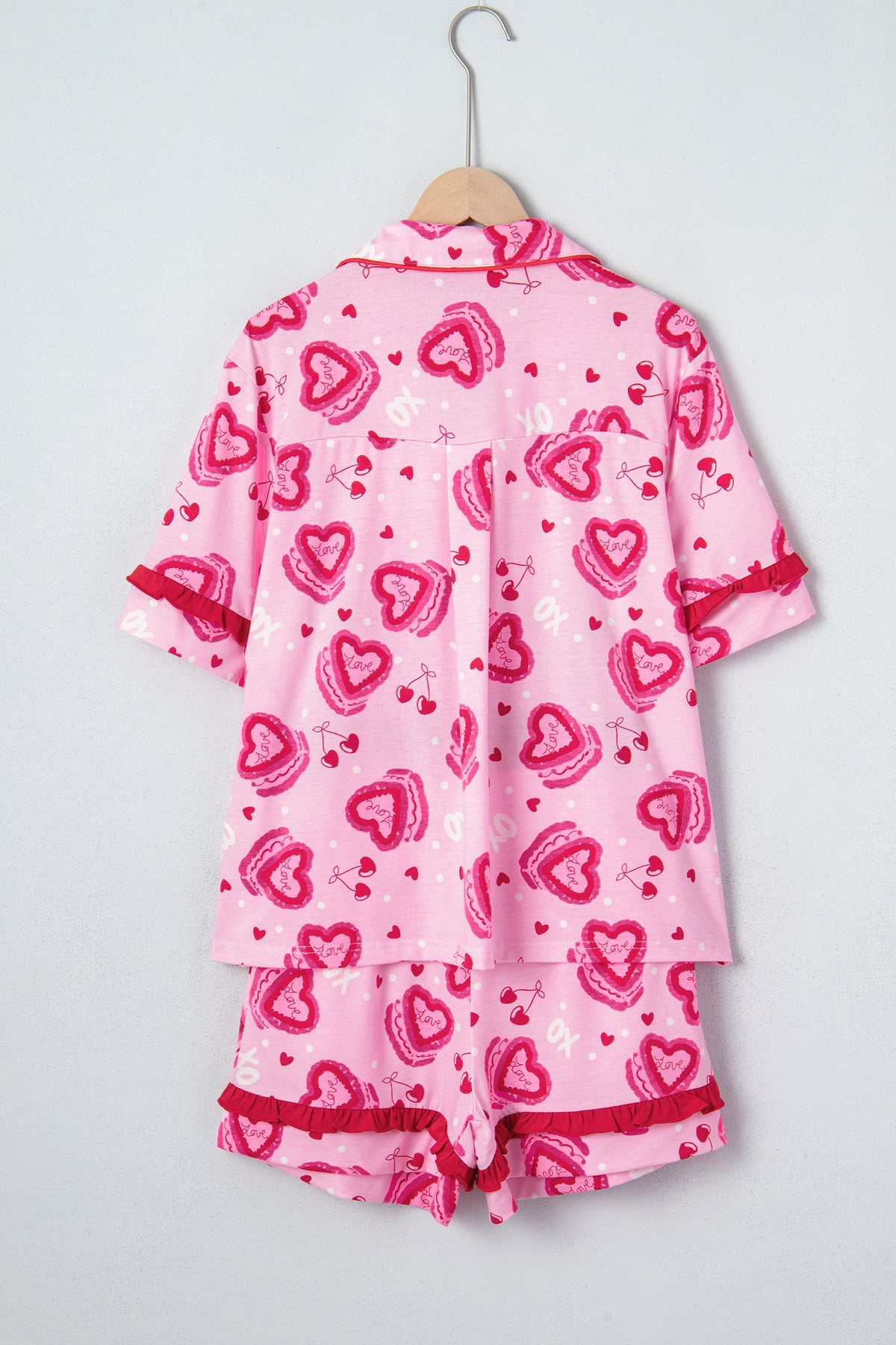 KaleaBoutique Stylish Sweet Heart Cake Print Contrast Ruffle Trim Valentines 2pcs Pajama Set - KaleaBoutique.com