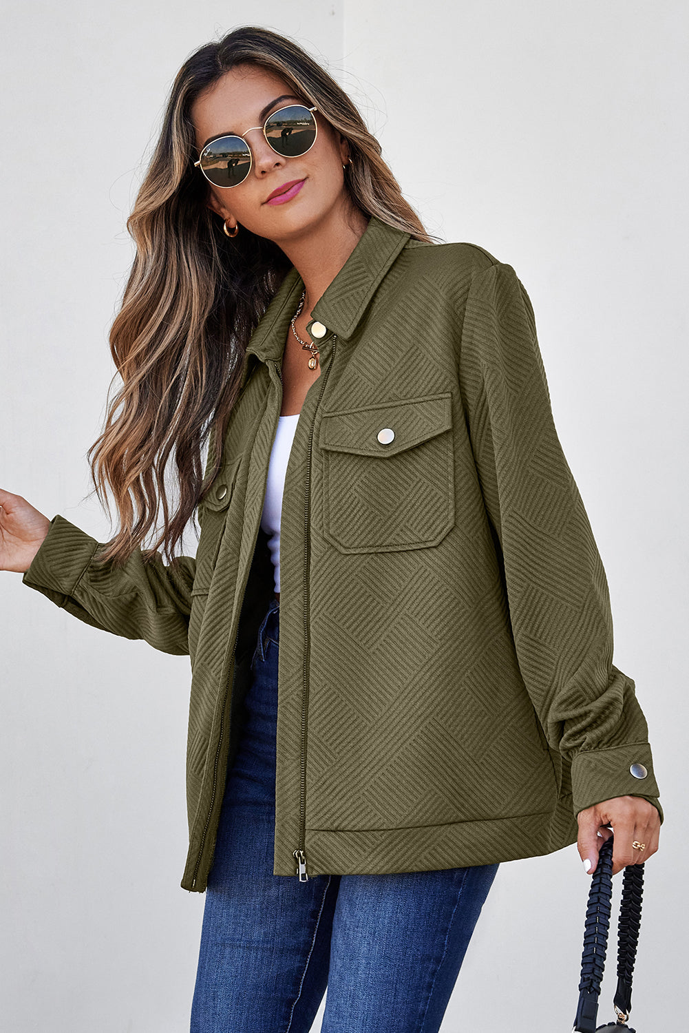 Solid Color Zip Up Button Flap Pocket Shirt Collar Jackets - KaleaBoutique.com