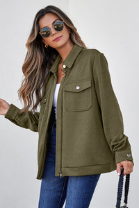 Solid Color Zip Up Button Flap Pocket Shirt Collar Jackets - KaleaBoutique.com