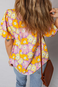 KaleaBoutique Stylish Frilled Neck Puff Short Sleeve Flower Top - KaleaBoutique.com