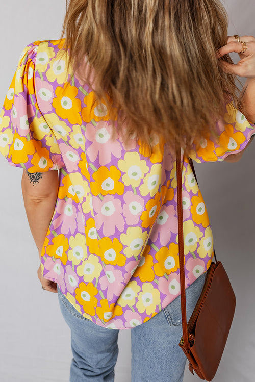 KaleaBoutique Stylish Frilled Neck Puff Short Sleeve Flower Top - KaleaBoutique.com