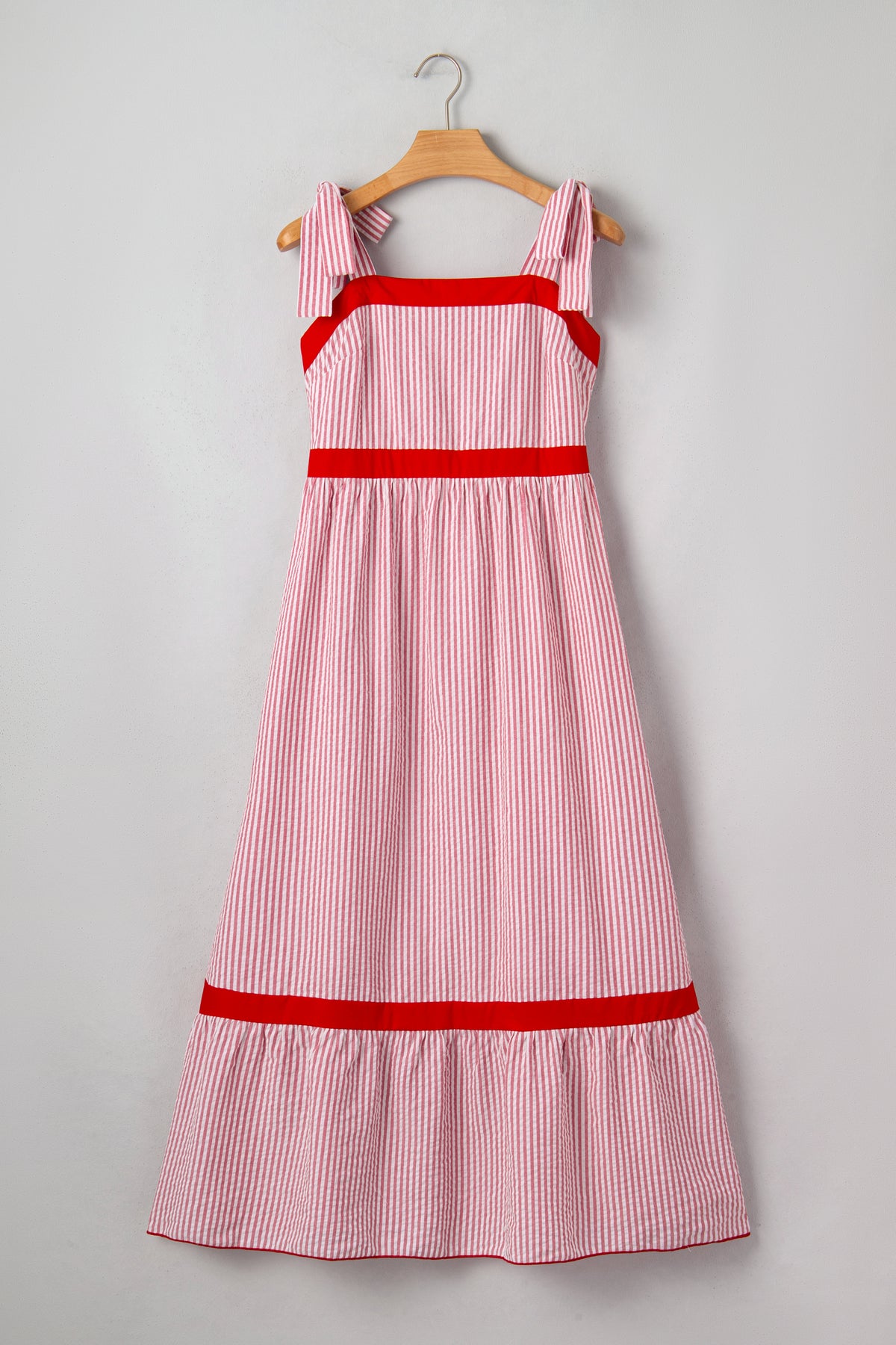 KaleaBoutique Stylish Bow Knot Straps Contrast Trim High Waist Ruffle Hem Maxi Dress - KaleaBoutique.com
